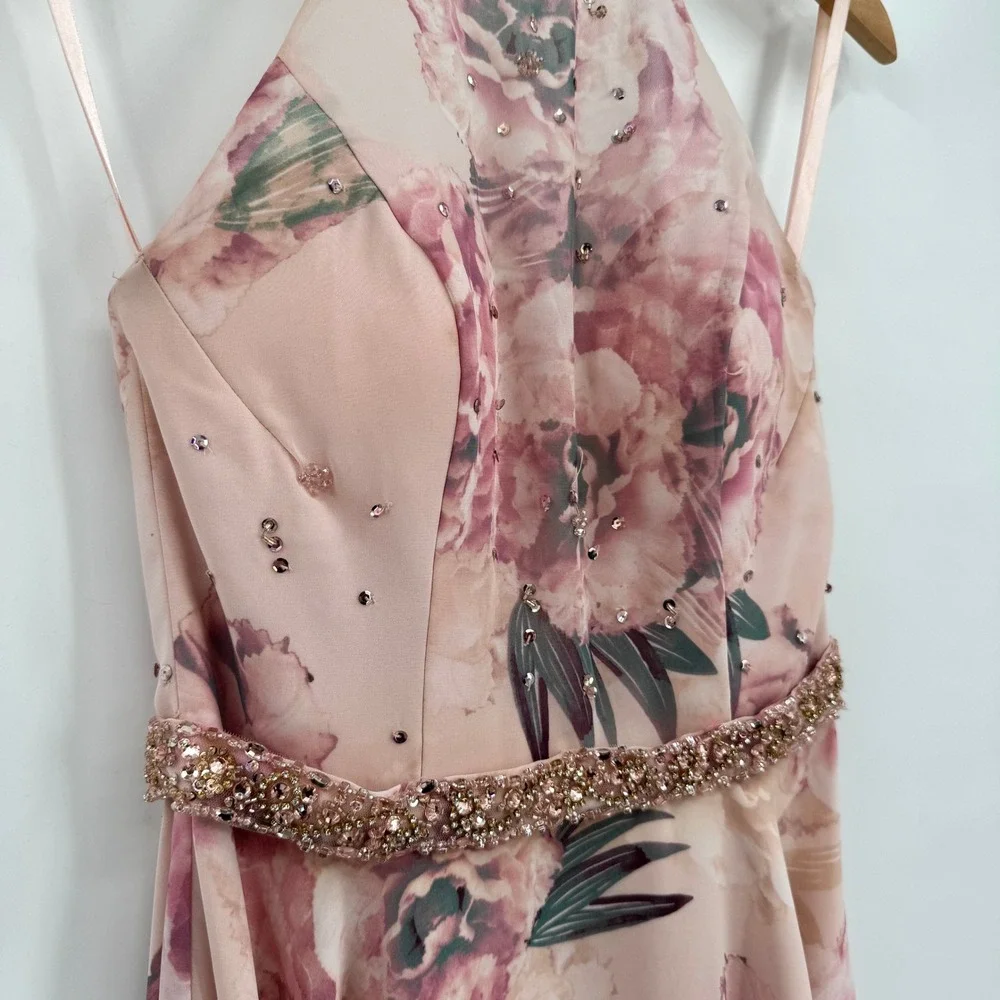 Morilee Prom Dress Pink Floral Beaded Halter Open Back Gown Size 4 99038 - Picture 3 of 16